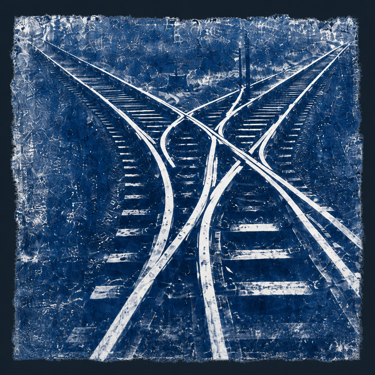 Indigo cyanotype illustration of intersecting railway tracks.